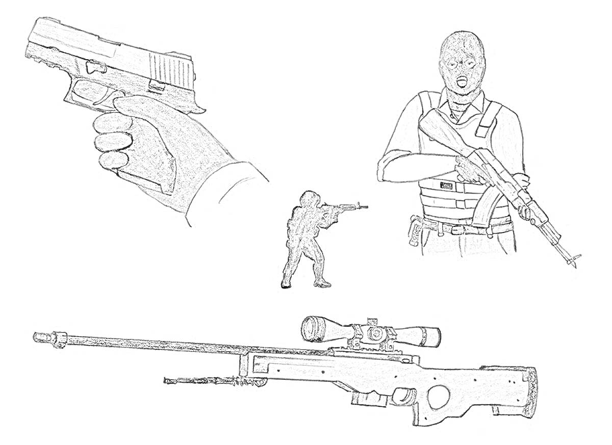 На раскраске изображено: Пистолет, Винтовка, Снайперская винтовка, Автомат, Оружие, Прицеливание, Стрельба