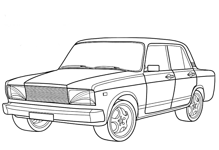 Раскраска Легковой автомобиль с выделенными элементами кузова, передними фарами, колесами и дверными ручками