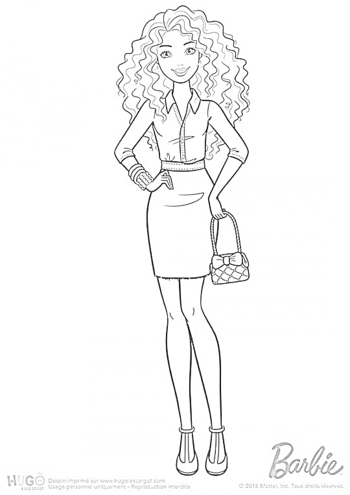 Раскраска Девушка в офисной одежде с сумочкой и кудрявыми волосами