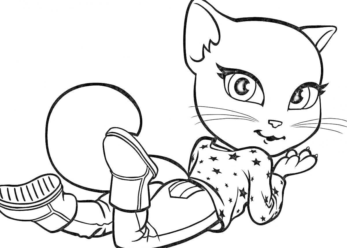 Раскраска Кошка Анжела лежит на животе, одета в свитер со звездами и брюки, обута в ботинки
