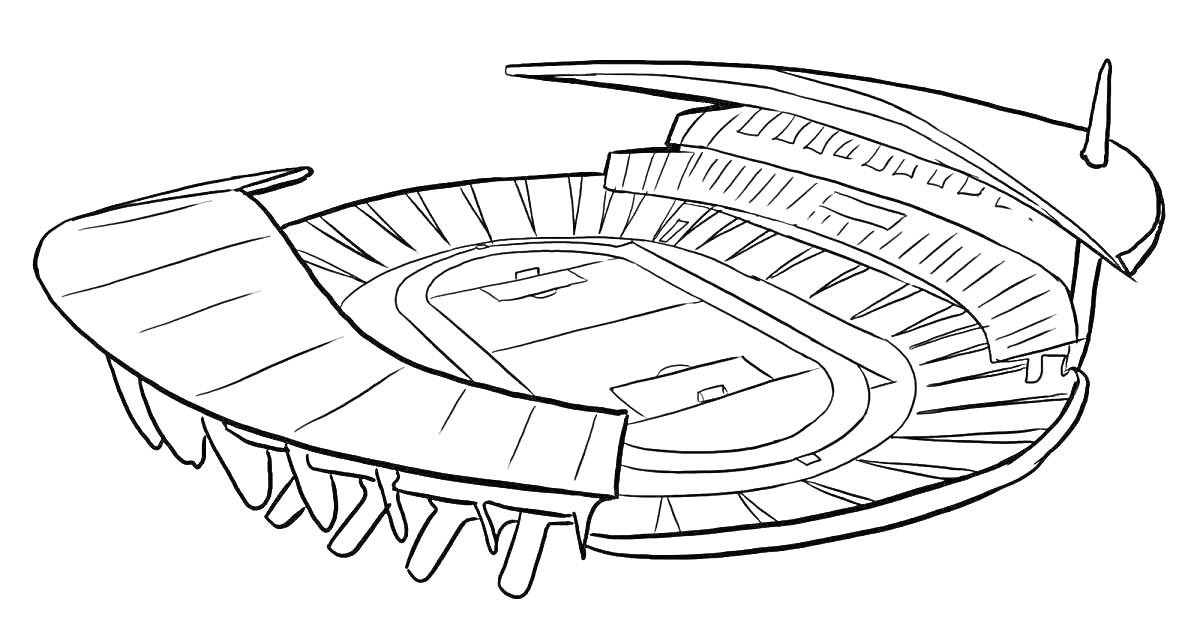 На раскраске изображено: Стадион, Футбольное поле, Трибуны, Архитектура, Спорт