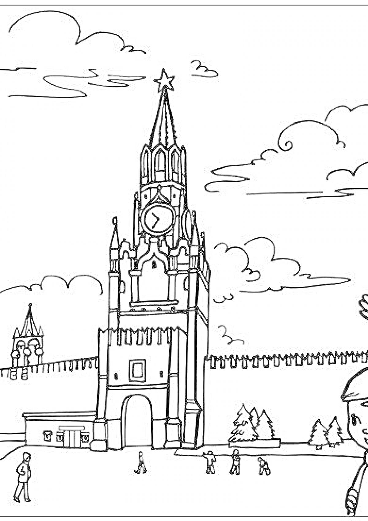 На раскраске изображено: Кремль, Часы, Стена, Деревья, Облака, Москва