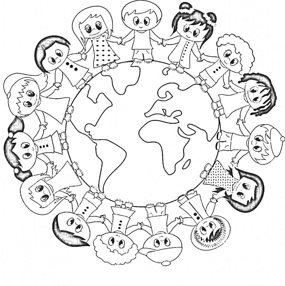 На раскраске изображено: Дружба народов, Планета Земля, Мир, Единство, Континенты, Мультяшные фигуры