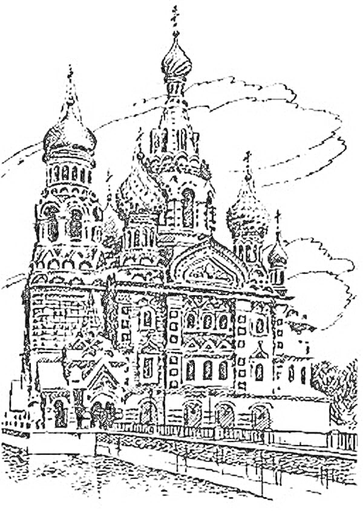 Раскраска Восковая раскраска храма Спаса на Крови с детальной архитектурой, куполами и элементами фасада