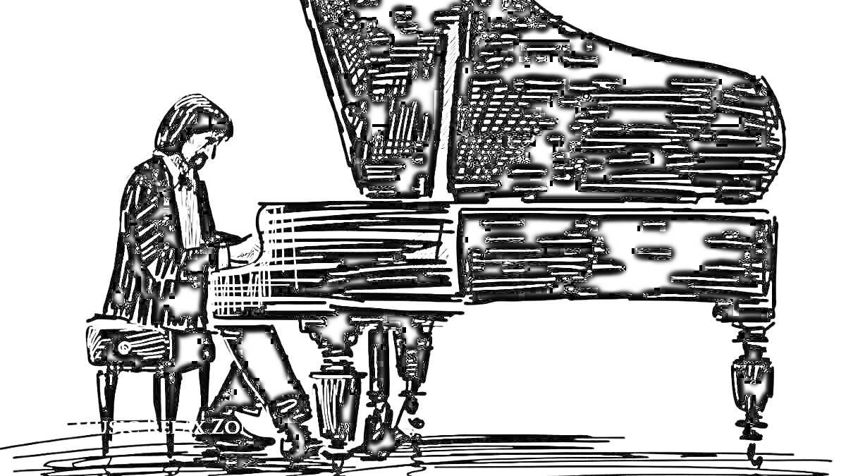 На раскраске изображено: Рояль, Сидящий человек, Музыка, Инструмент