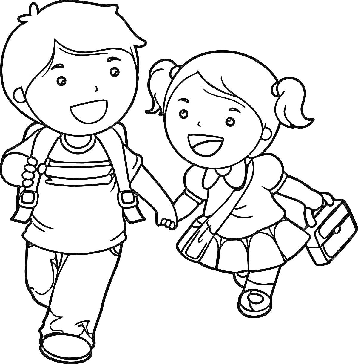 На раскраске изображено: Мальчик, Девочка, Школьные принадлежности, Школьная форма, Школа, Для детей, Учебник, Рюкзак
