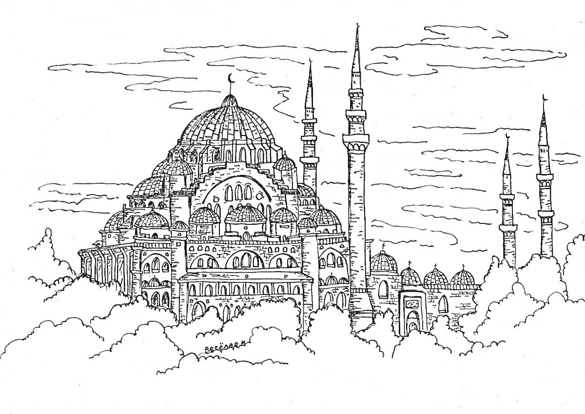 На раскраске изображено: Мечеть, Собор, Архитектура, Минарет, Облака, Турция