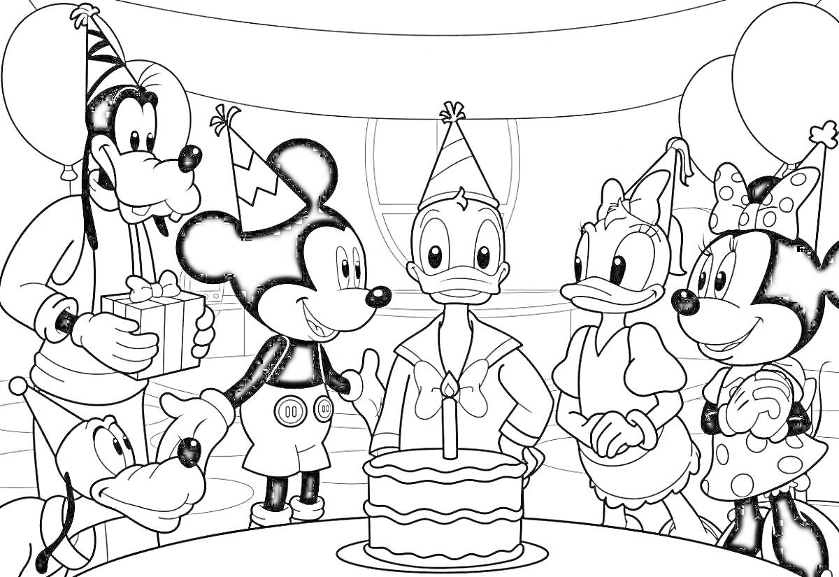 На раскраске изображено: Микки Маус, Минни Маус, Дональд Дак, Гуфи, Плуто, День рождения, Торт, Воздушные шары