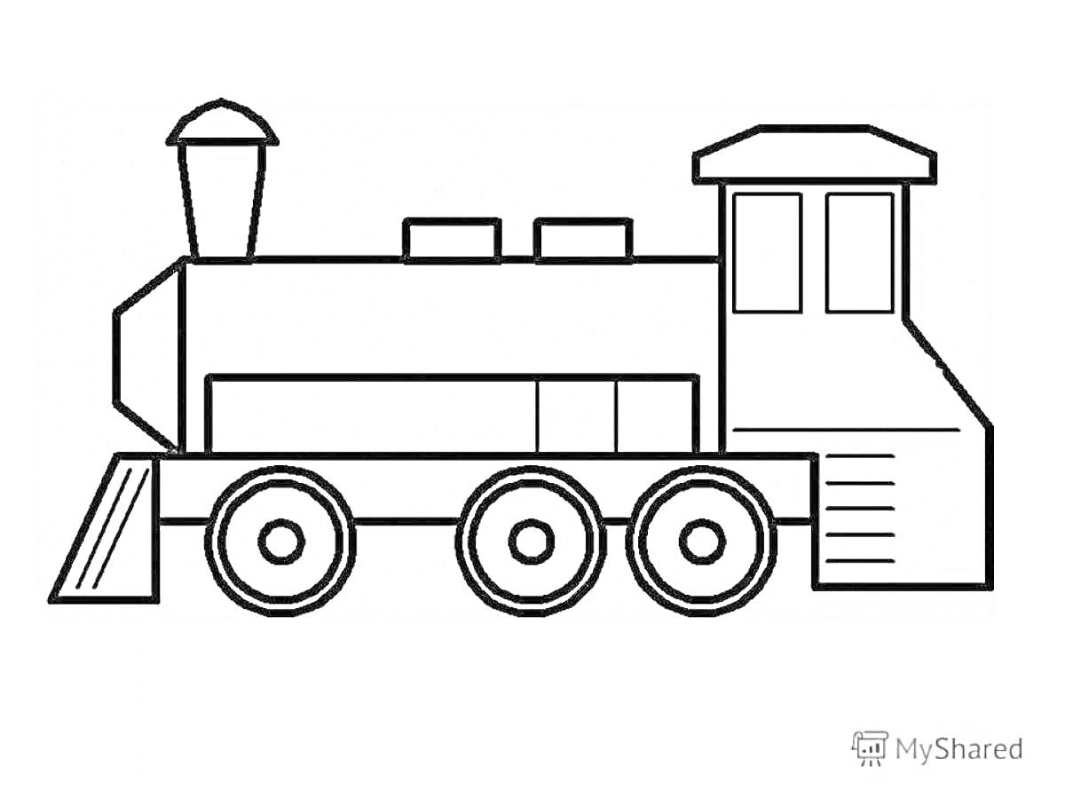 Раскраска Локомотив с большими окнами и трубой для детей