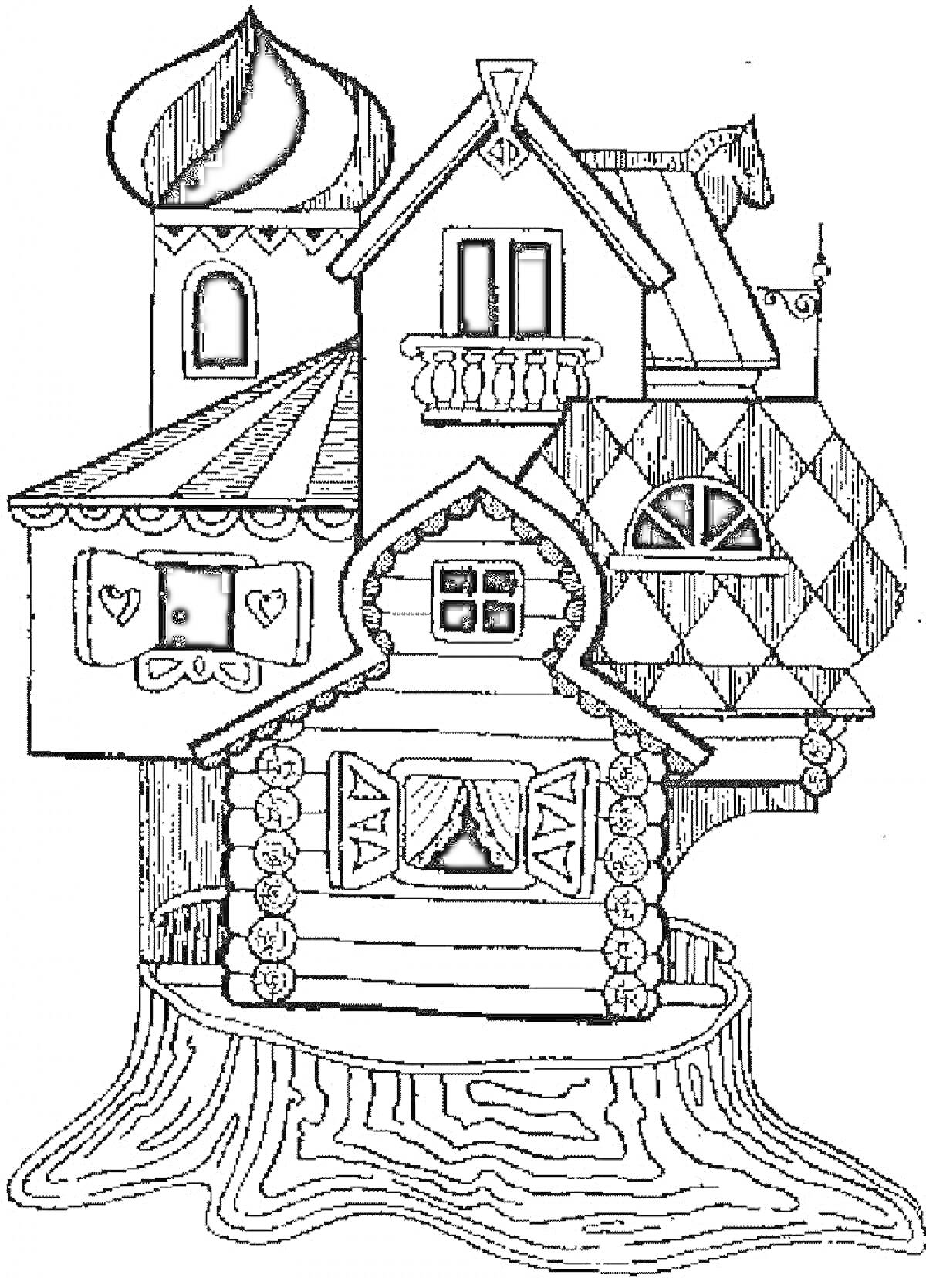 Раскраска Теремок с окнами, сердечками, арочным окном, балконом, куполом и замысловатыми деталями на крыше, расположенный на пне