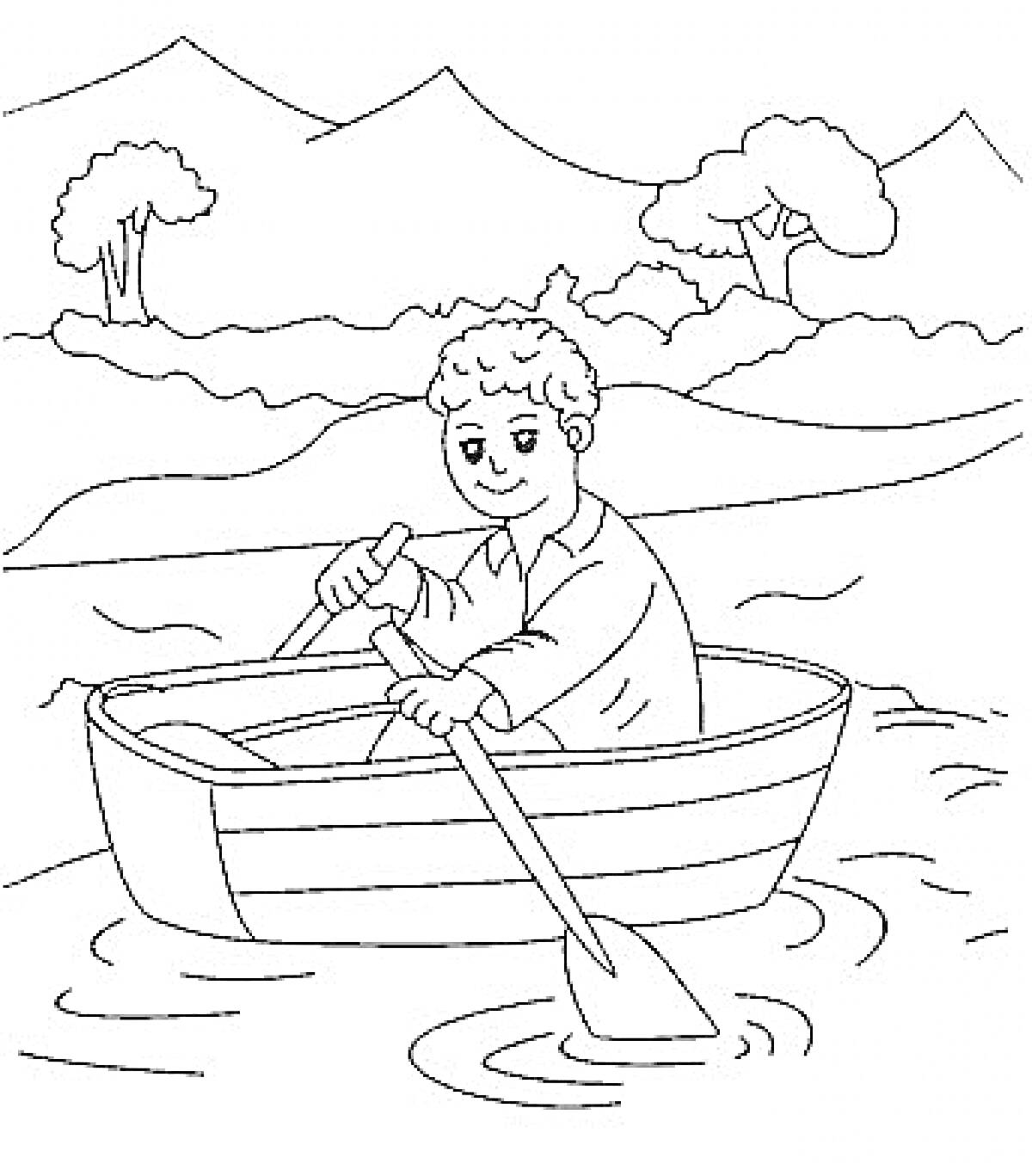 На раскраске изображено: Река, Лодка, Весло, Мальчик, Деревья, Горы, Природа, Пейзаж