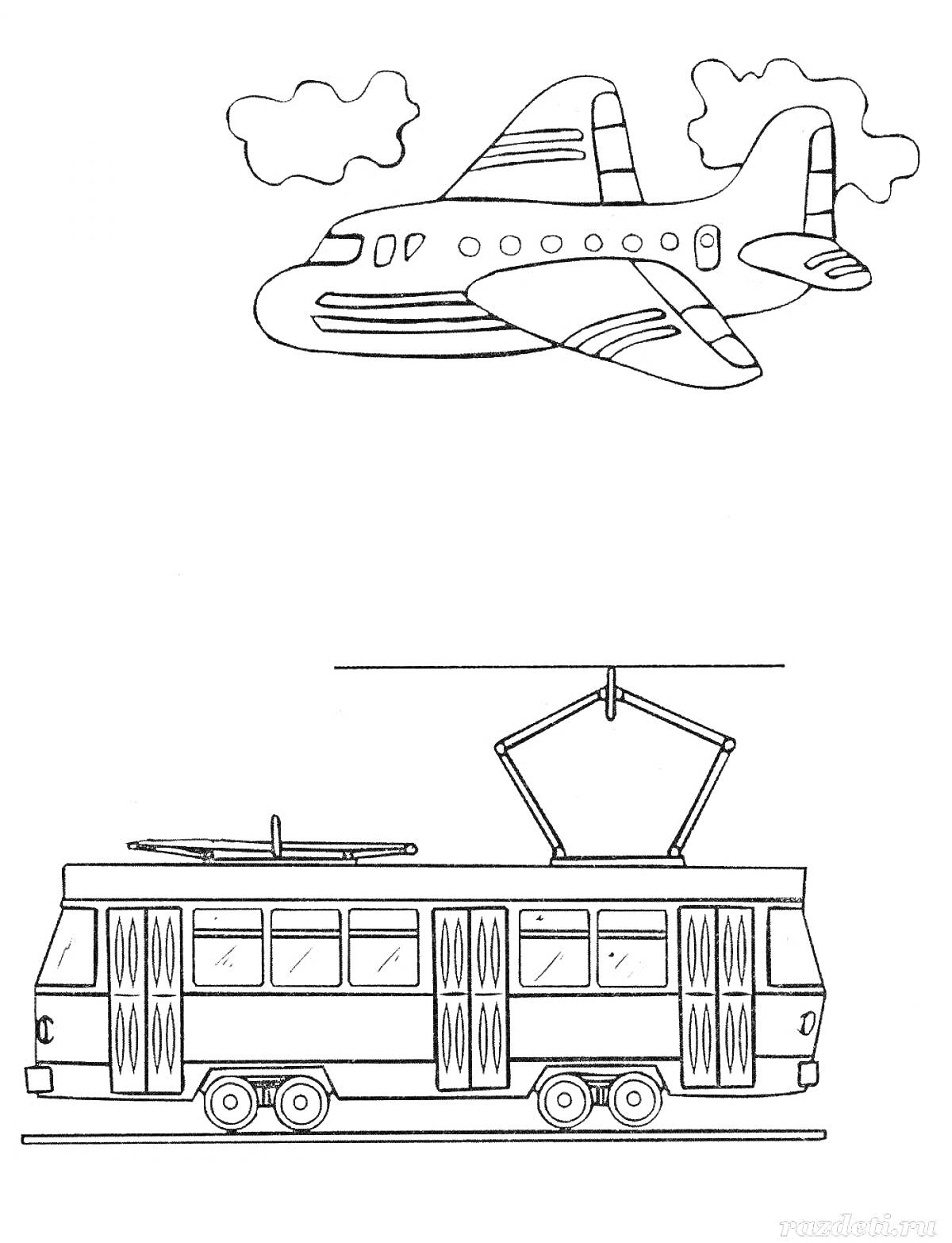 На раскраске изображено: Транспорт, Трамвай, Для детей, Облака