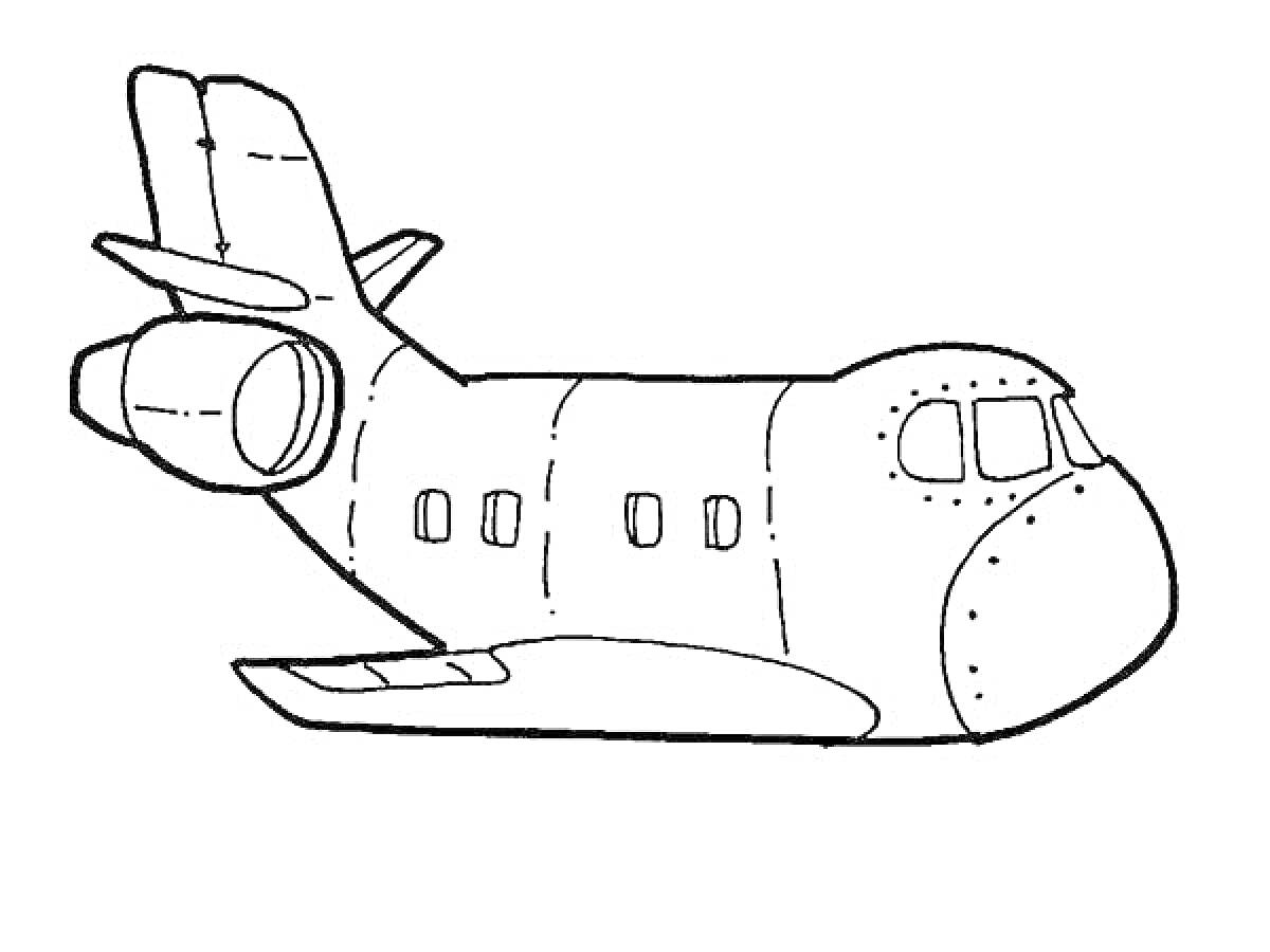 Раскраска Самолет с иллюминаторами и турбовентиляторными двигателями