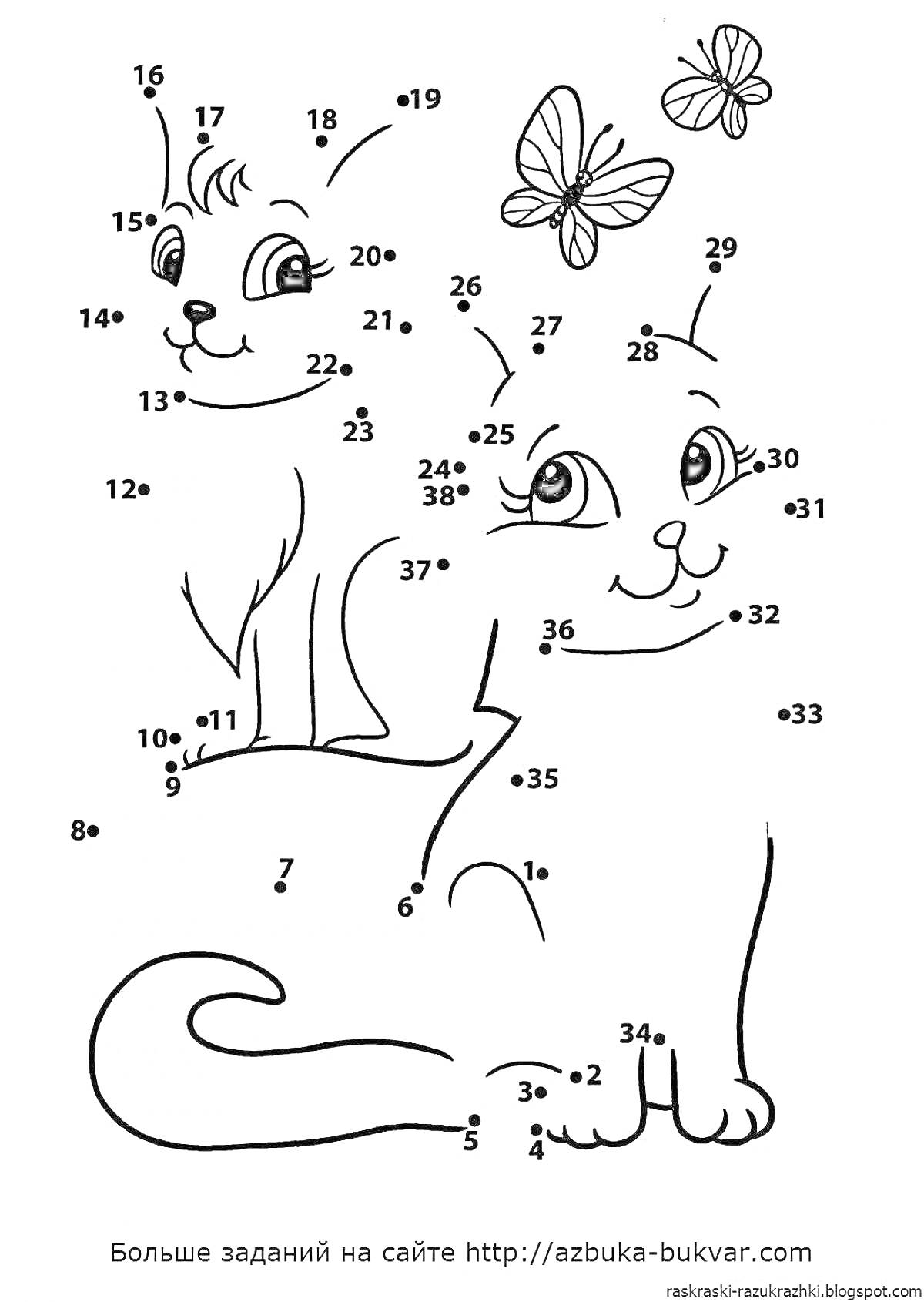 Раскраска Два котенка и два бабочки