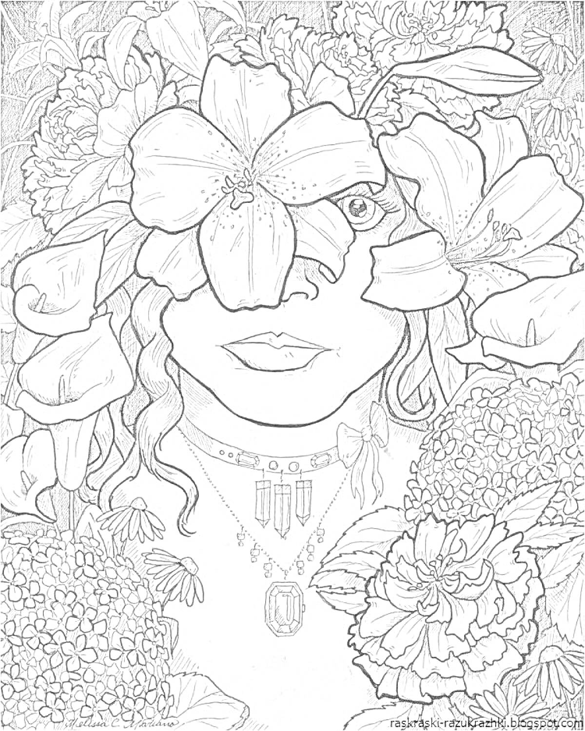 Раскраска Лицо женщины среди больших цветов, украшенное ожерельем и серьгами