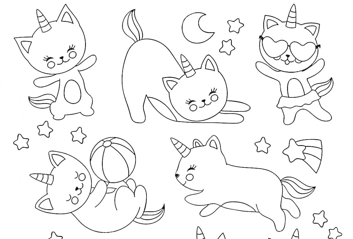 На раскраске изображено: Единороги, Звезды, Месяц, Пляжный мяч, Солнцезащитные очки, Падающая звезда, Милые животные