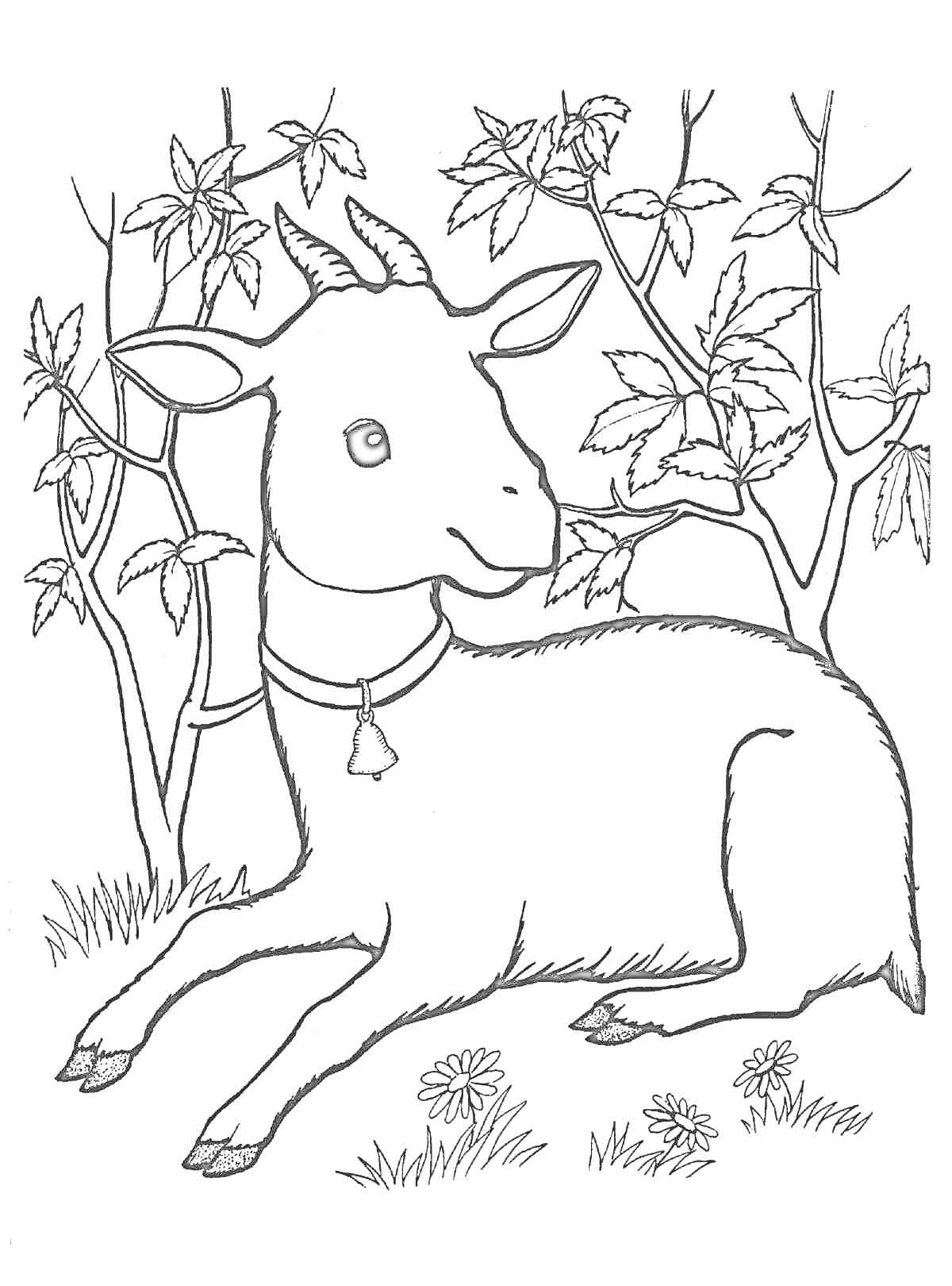 Раскраска Коза под деревьями на лужайке с цветами