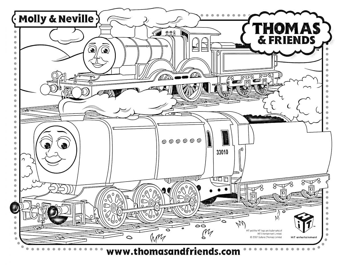 Раскраска Molly & Neville из Thomas & Friends, с паровозами на фоне пейзажа