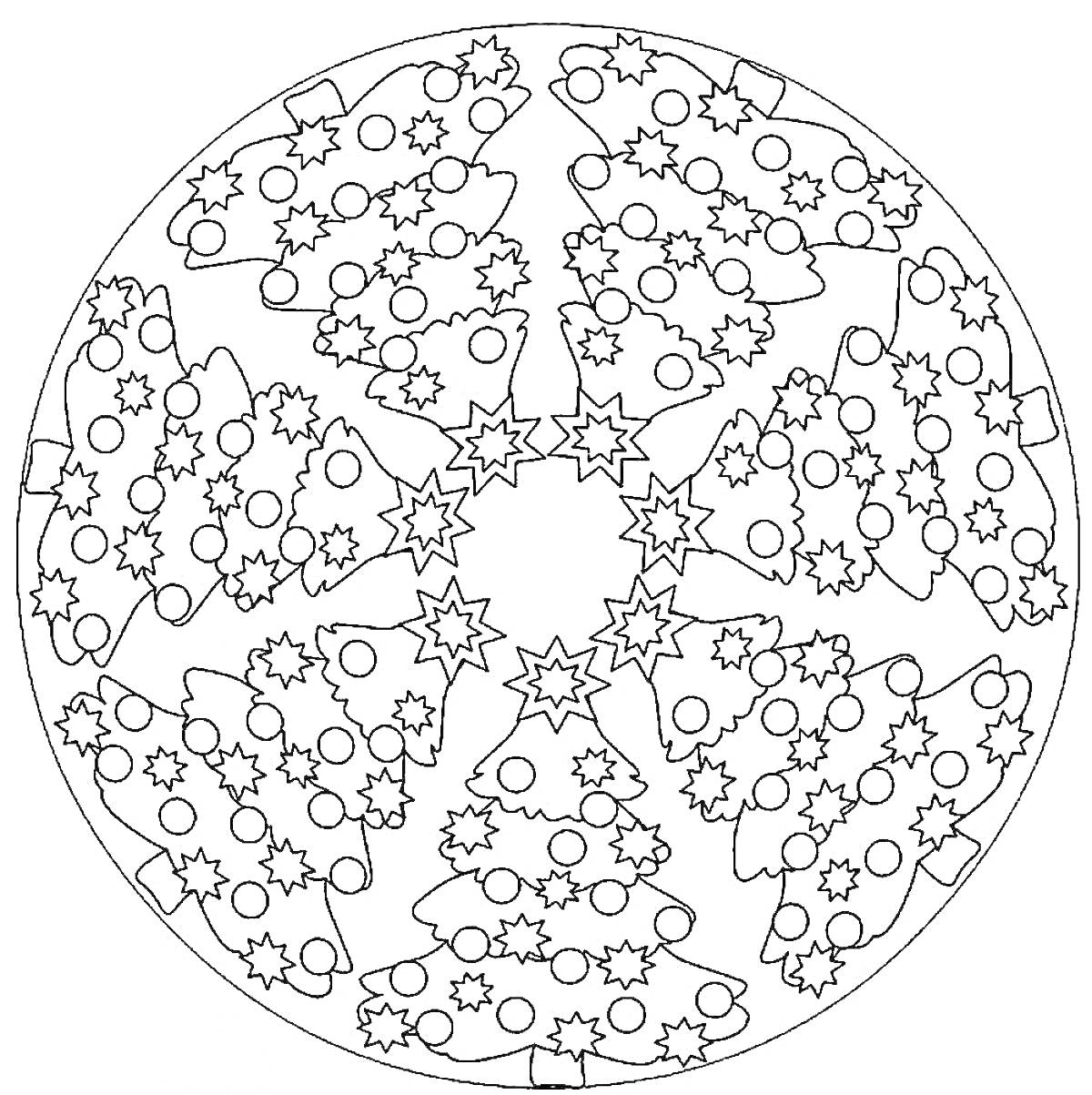 Раскраска Мандала с новогодними елочками, звездами и снежинками