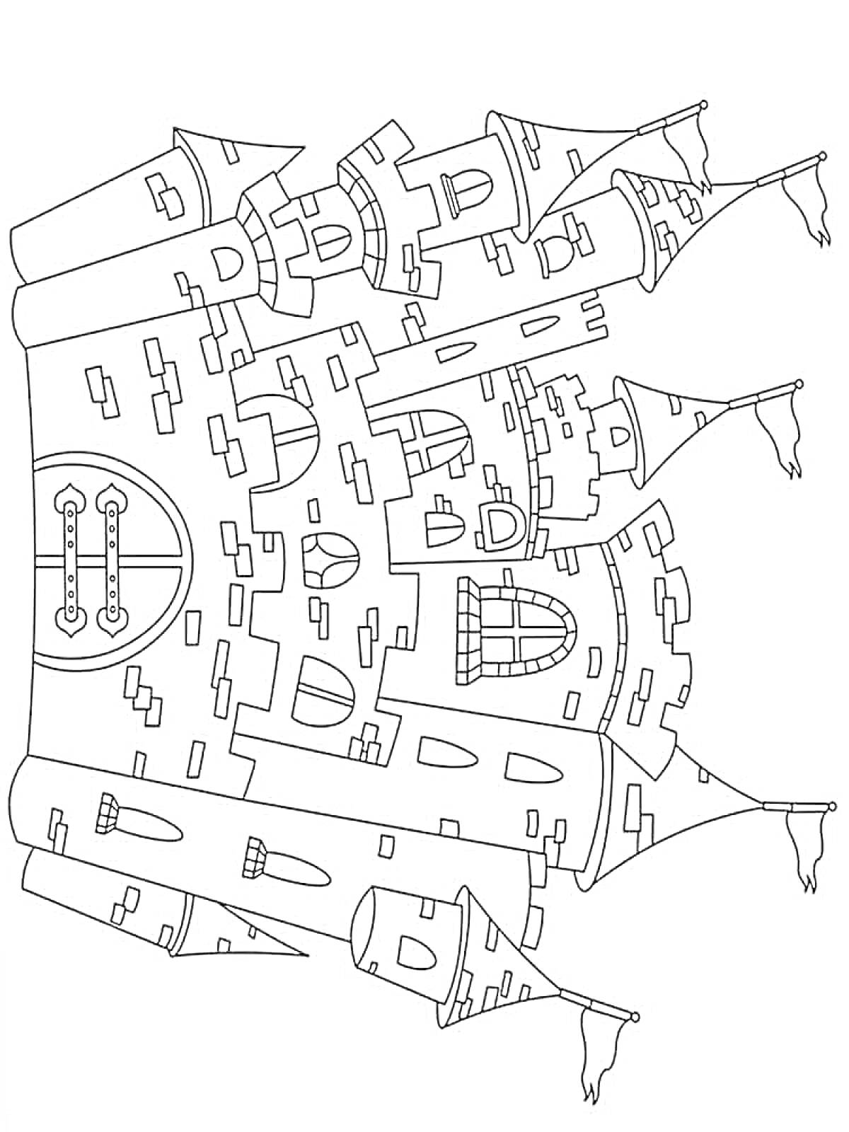 Раскраска Замок с башнями и флагами, воротами и окнами
