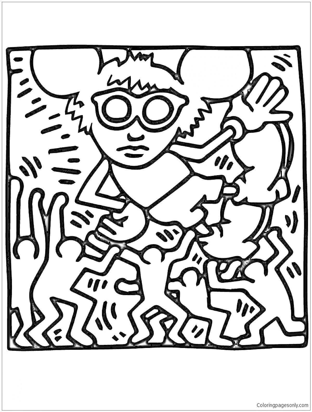 Раскраска Человек в очках с большими ушами, держащий мальчика, окруженный танцующими силуэтами