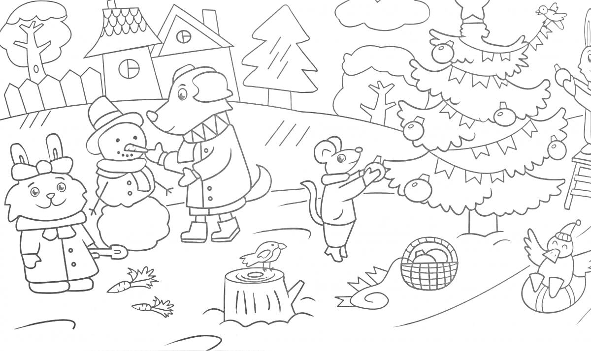 Раскраска Зимние забавы животных рядом с наряженной ёлкой, снеговиком, корзиной и снегокатами на улице