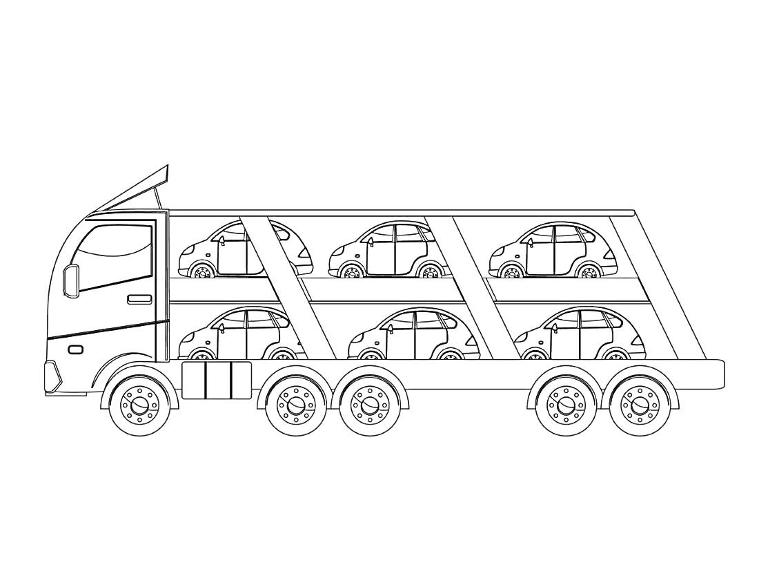 Раскраска Грузовик-автовоз с шестью легковыми автомобилями