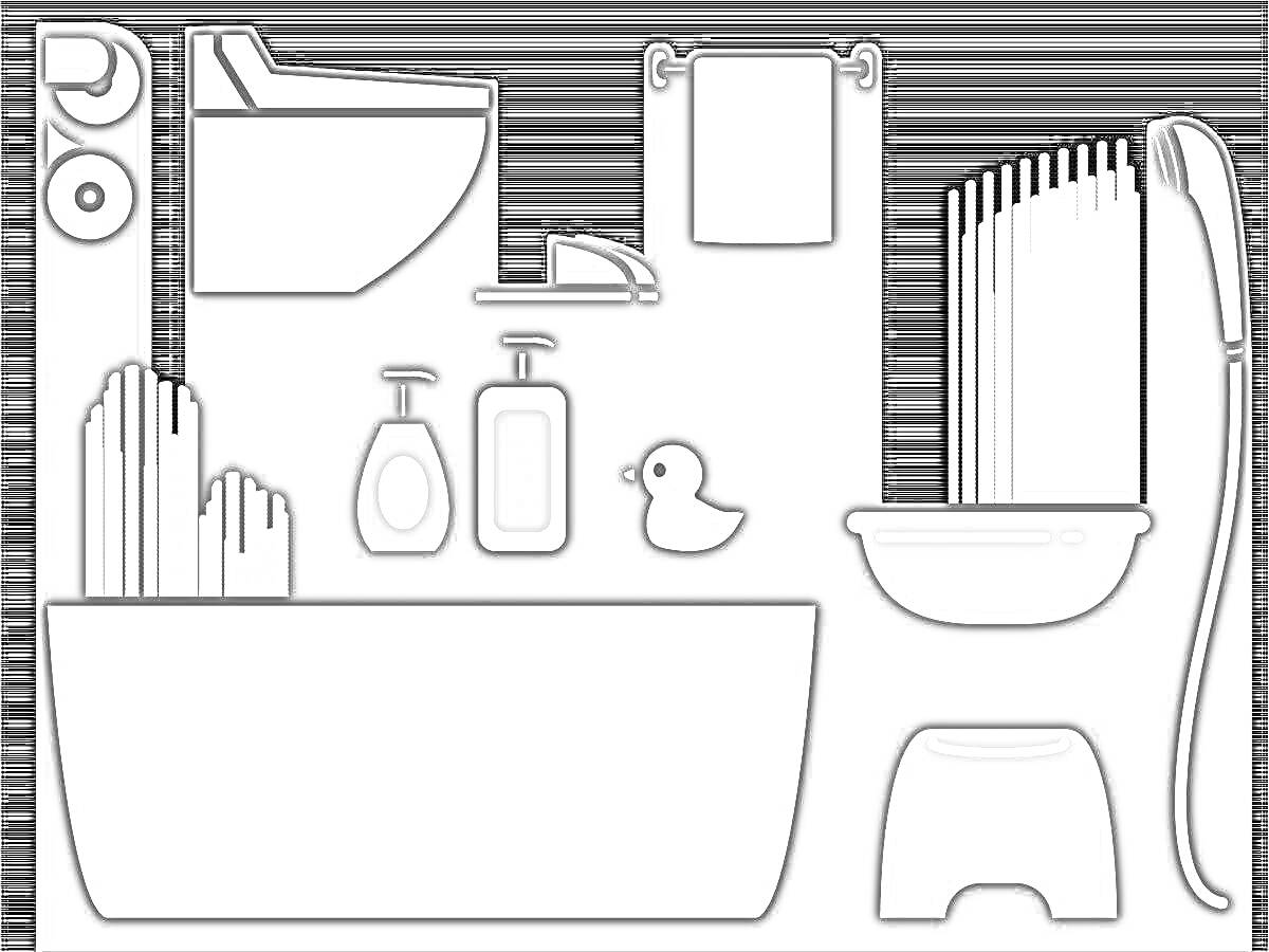 На раскраске изображено: Зеркало, Полотенце, Душевая кабина, Ванна, Туалет, Мыло, Жидкое мыло, Туалетная бумага