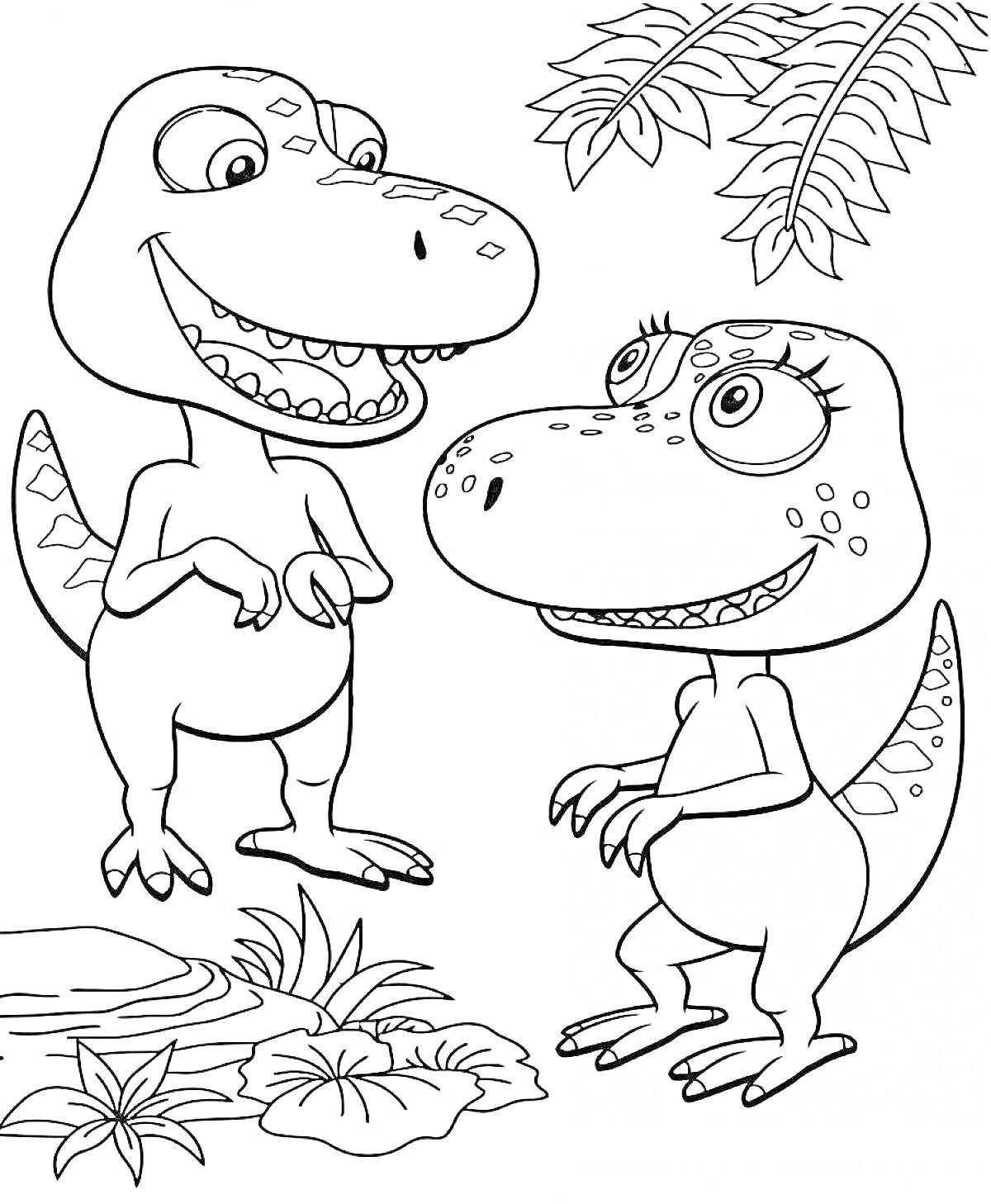 На раскраске изображено: Динозавр, Поезд Динозавров, Водоем, Растения, Пальмы, Лес, Для детей