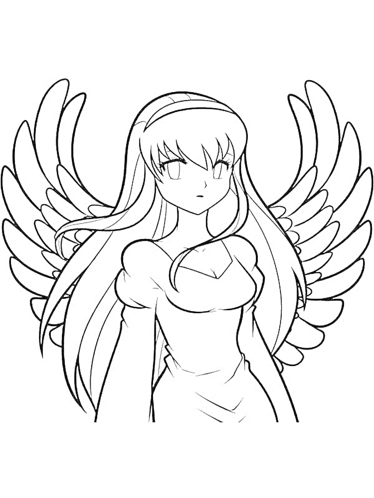 Раскраска Аниме ангел с длинными волосами и большими крыльями
