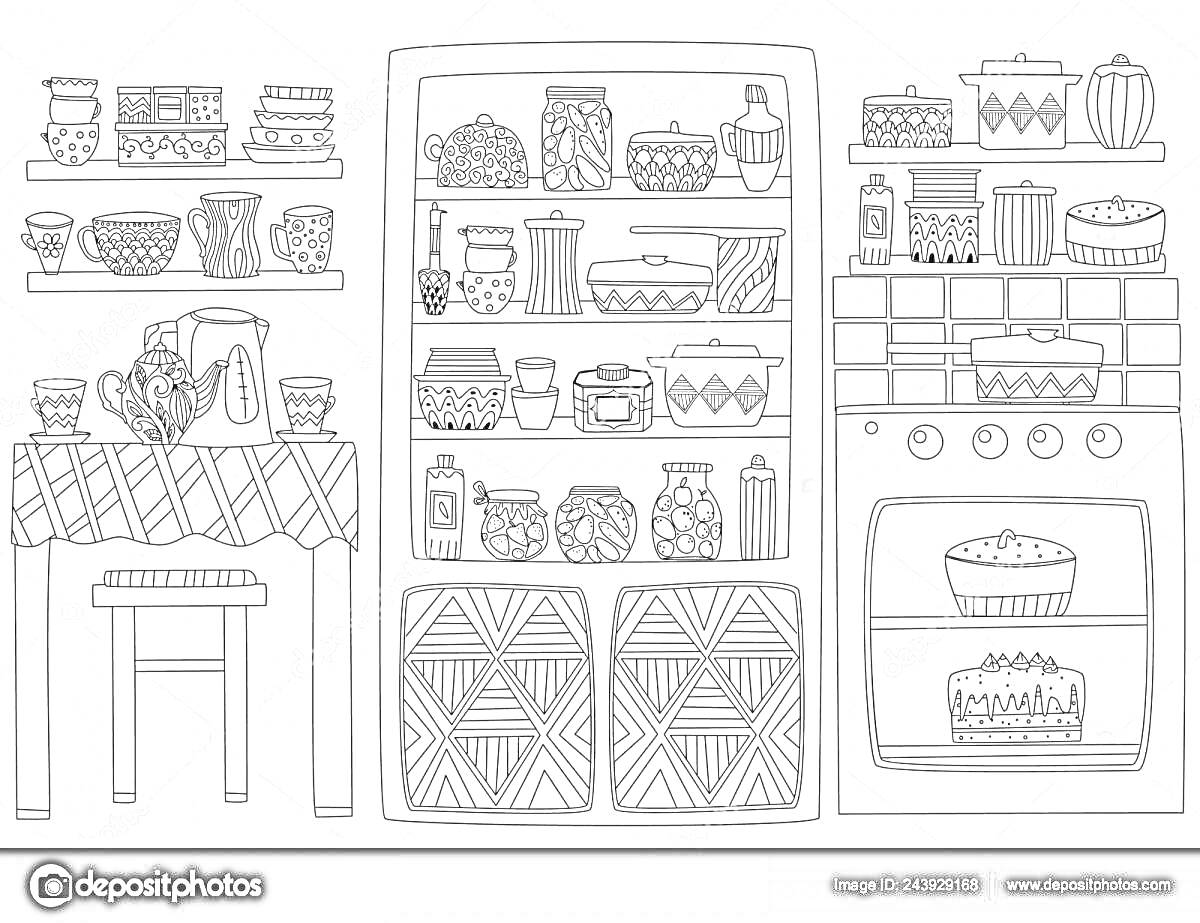 На раскраске изображено: Кухня, Шкаф, Полки, Посуда, Чашки, Стол, Духовка, Еда, Кухонная утварь
