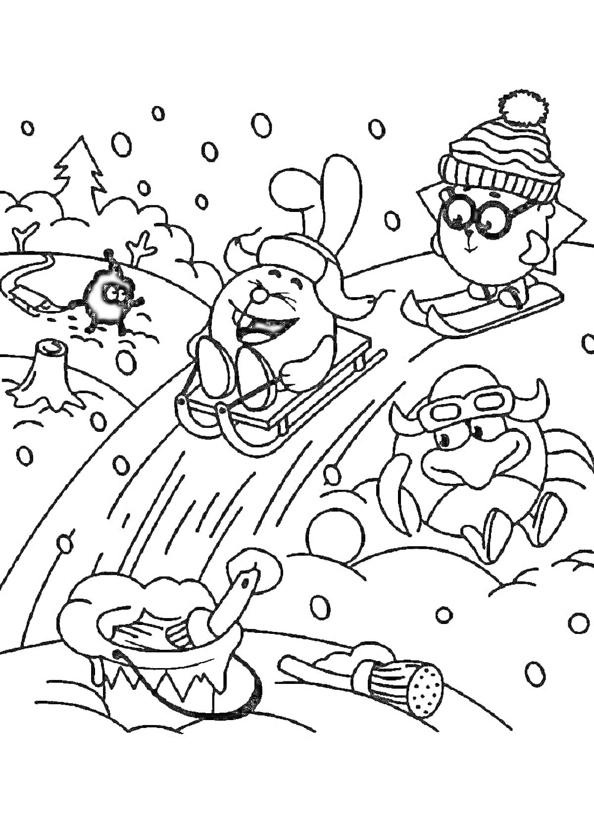 На раскраске изображено: Заяц, Филин, Лыжи, Зима, Снег, Мультипликационные персонажи, Снегопад, Зимние игры