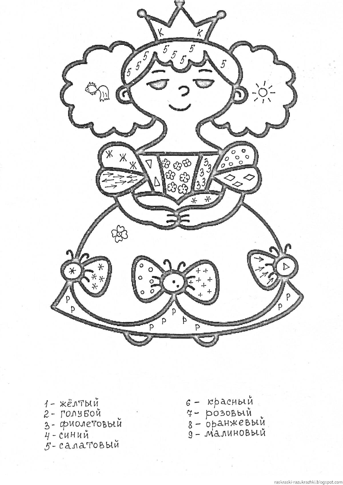 Раскраска Принцесса с короной и бантиками на платье