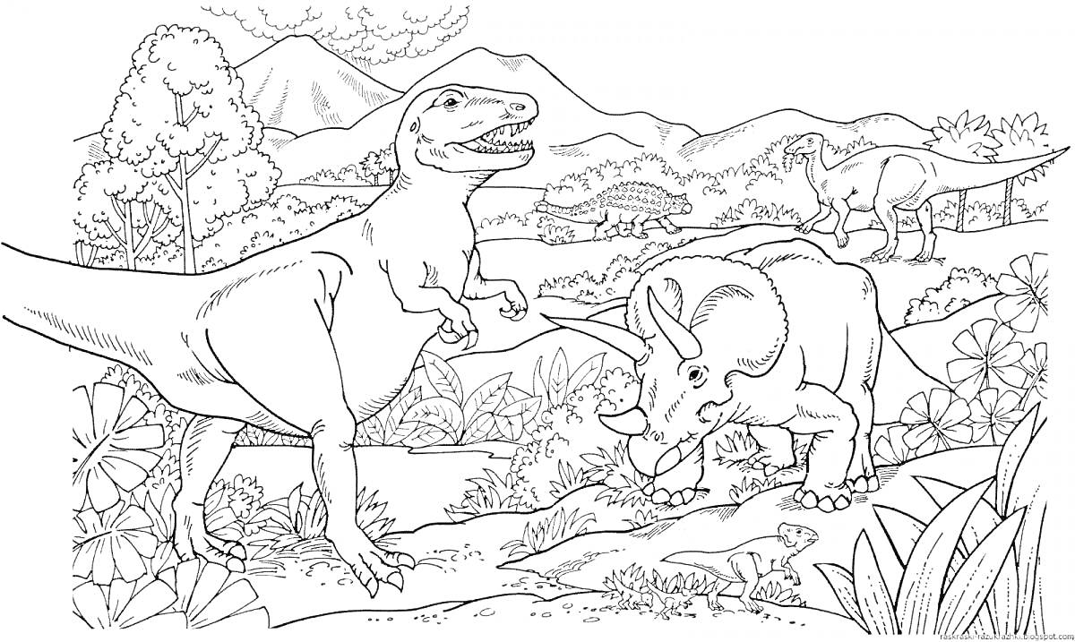 Раскраска Динозавры среди природы с горами на фоне - Тираннозавр и Трицератопс на переднем плане, Стигозавр и еще один Тираннозавр на заднем плане, растительность, дерево и кусты