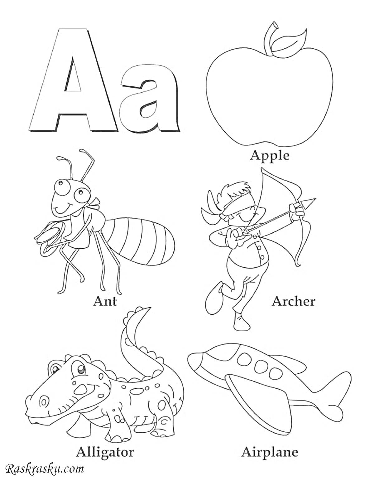 Раскраска Алфавит - буква A с муравьем, яблоком, лучником, аллигатором и самолетом
