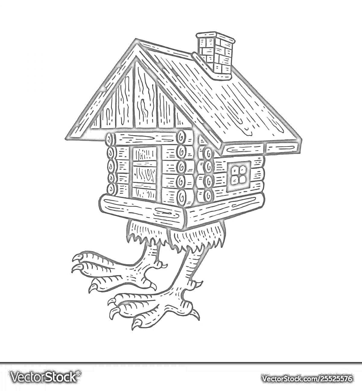Раскраска Логовой домик бабы Яги на куриных ножках, бревенчатая конструкция с крышей и трубой