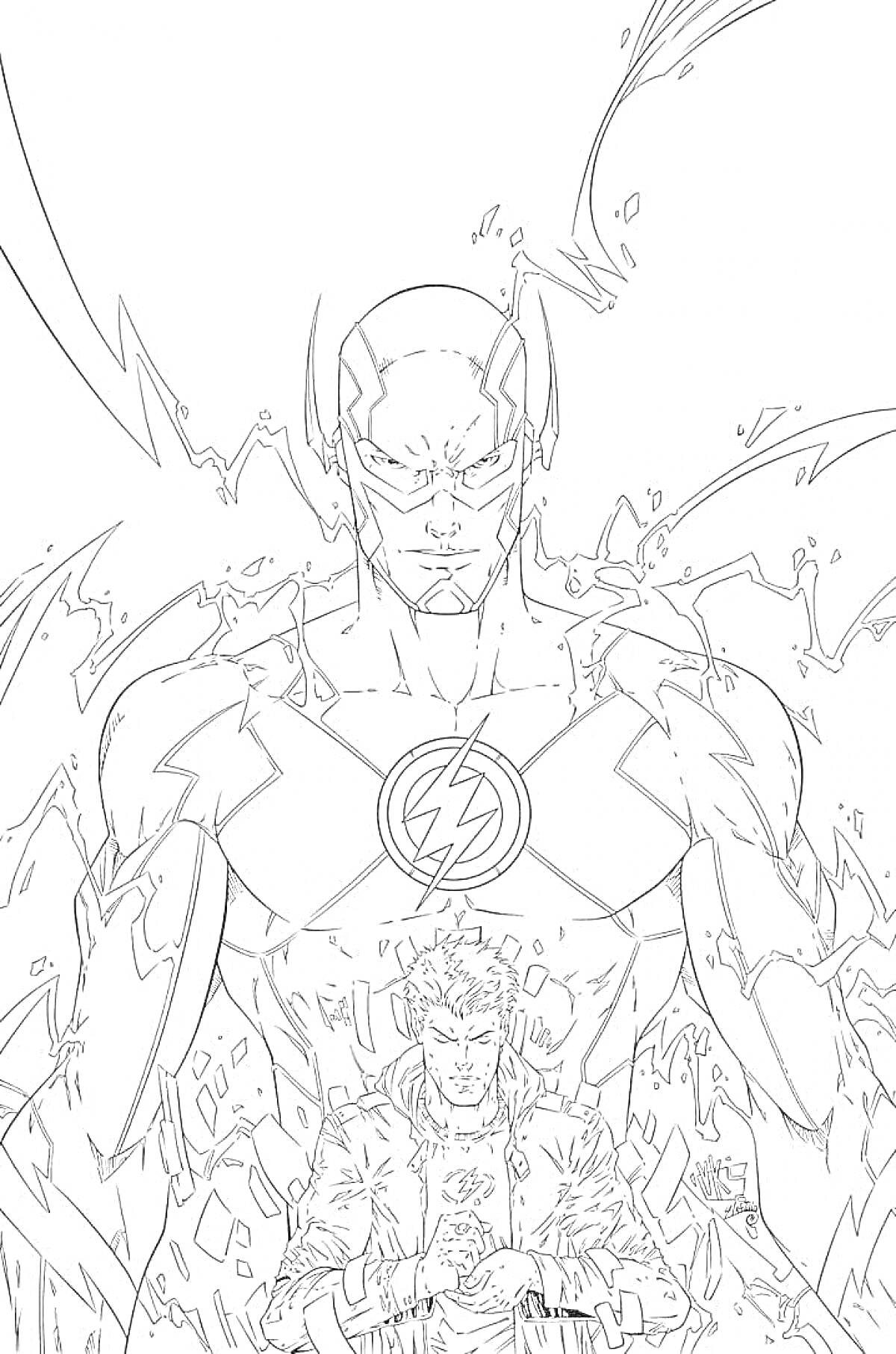 Раскраска Супергерой Флеш с молниями, позади молодой человек с медальоном, фоне молнии и электрические разряды