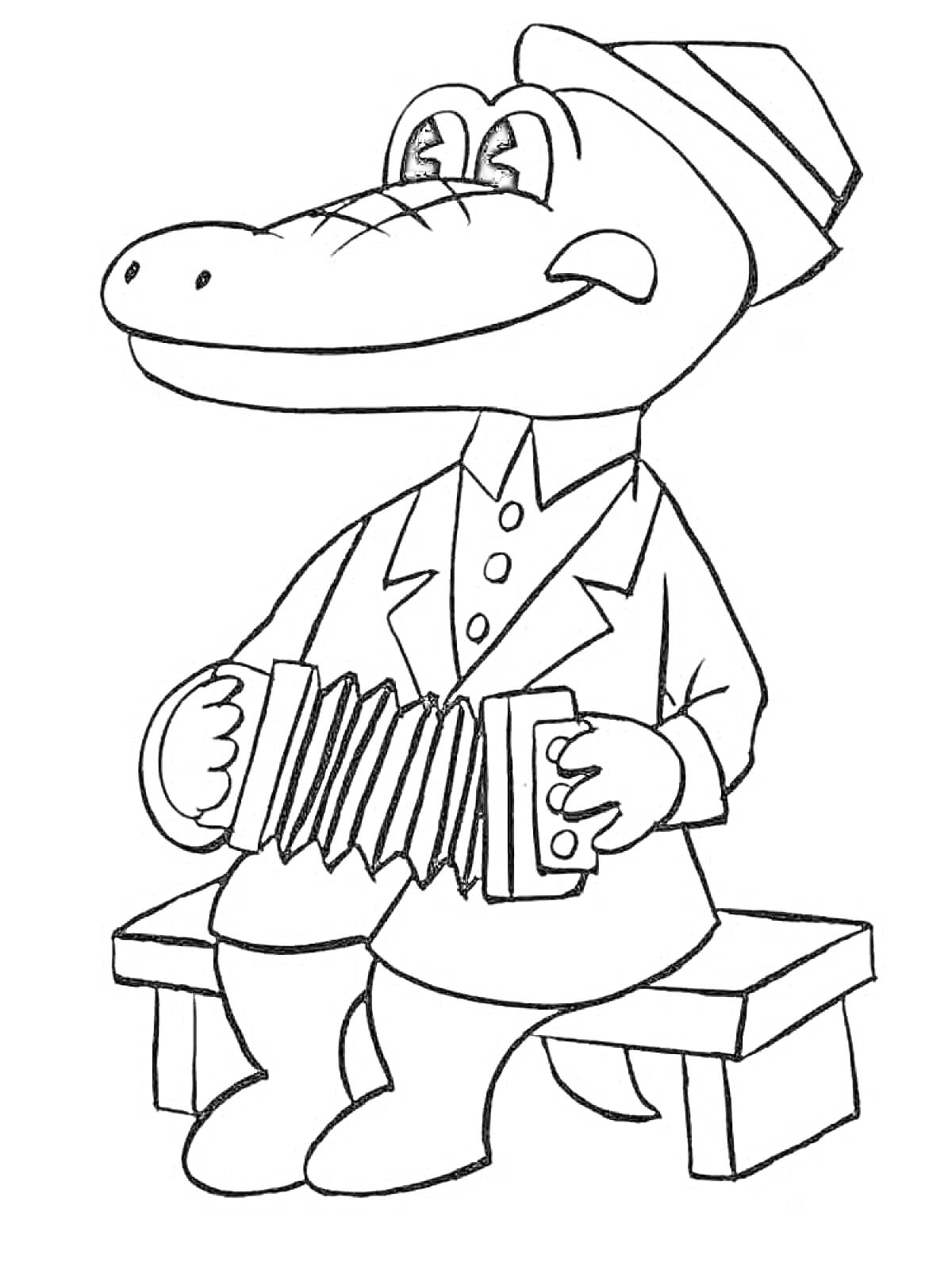 Раскраска Крокодил Гена, сидящий на скамейке и играющий на аккордеоне