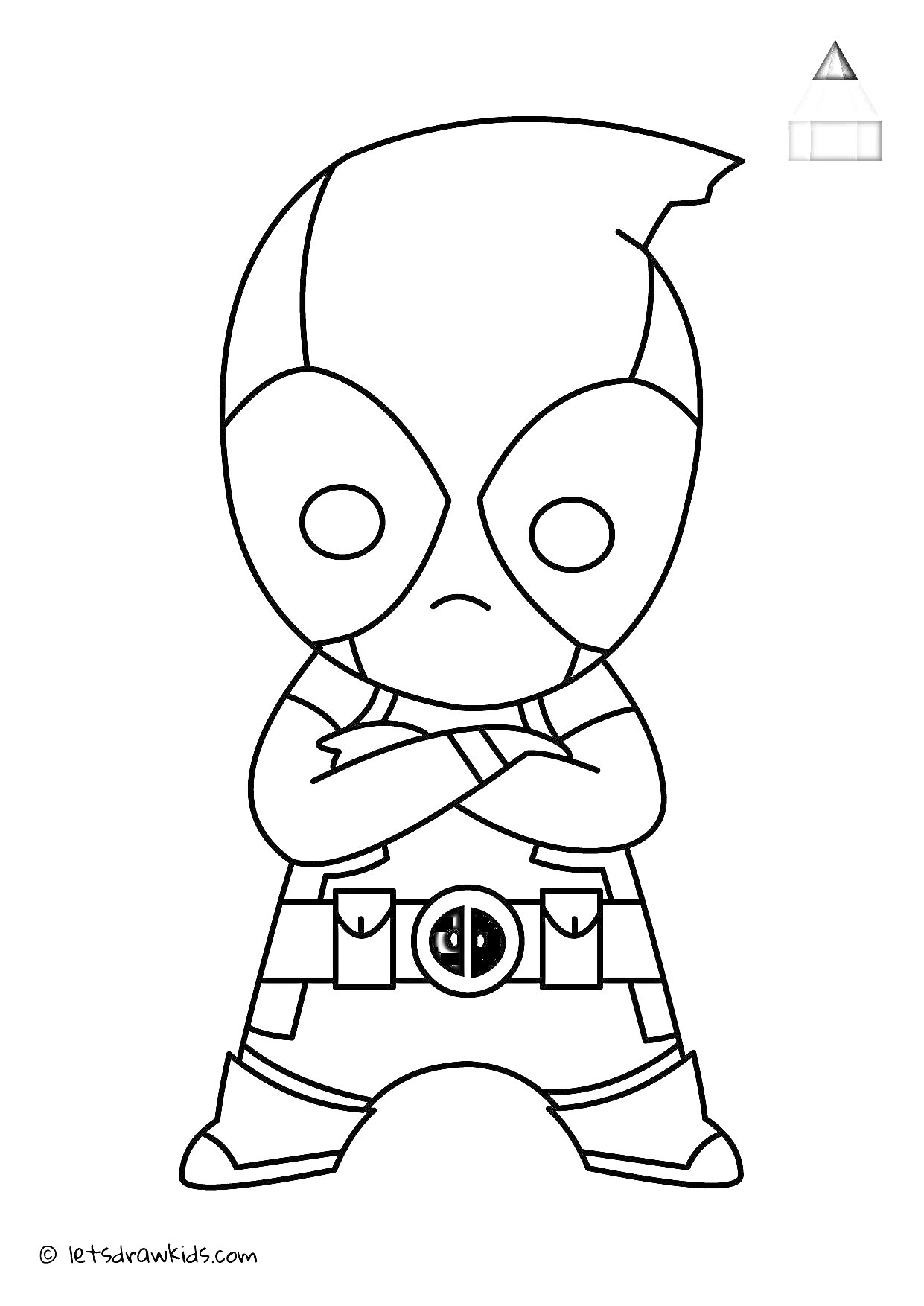 Раскраска Мини-супергерой с маской и перекрещёнными руками, с поясом с символом