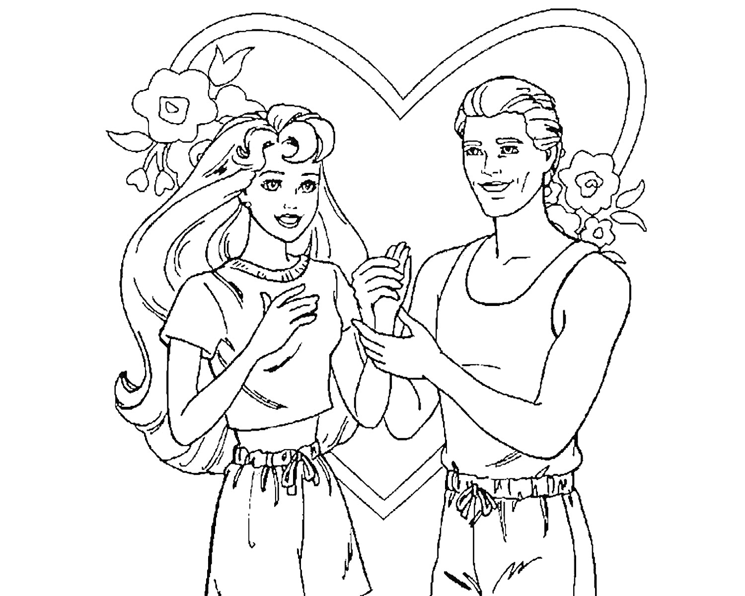 Раскраска Барби и Кен держатся за руки перед сердцем с цветами