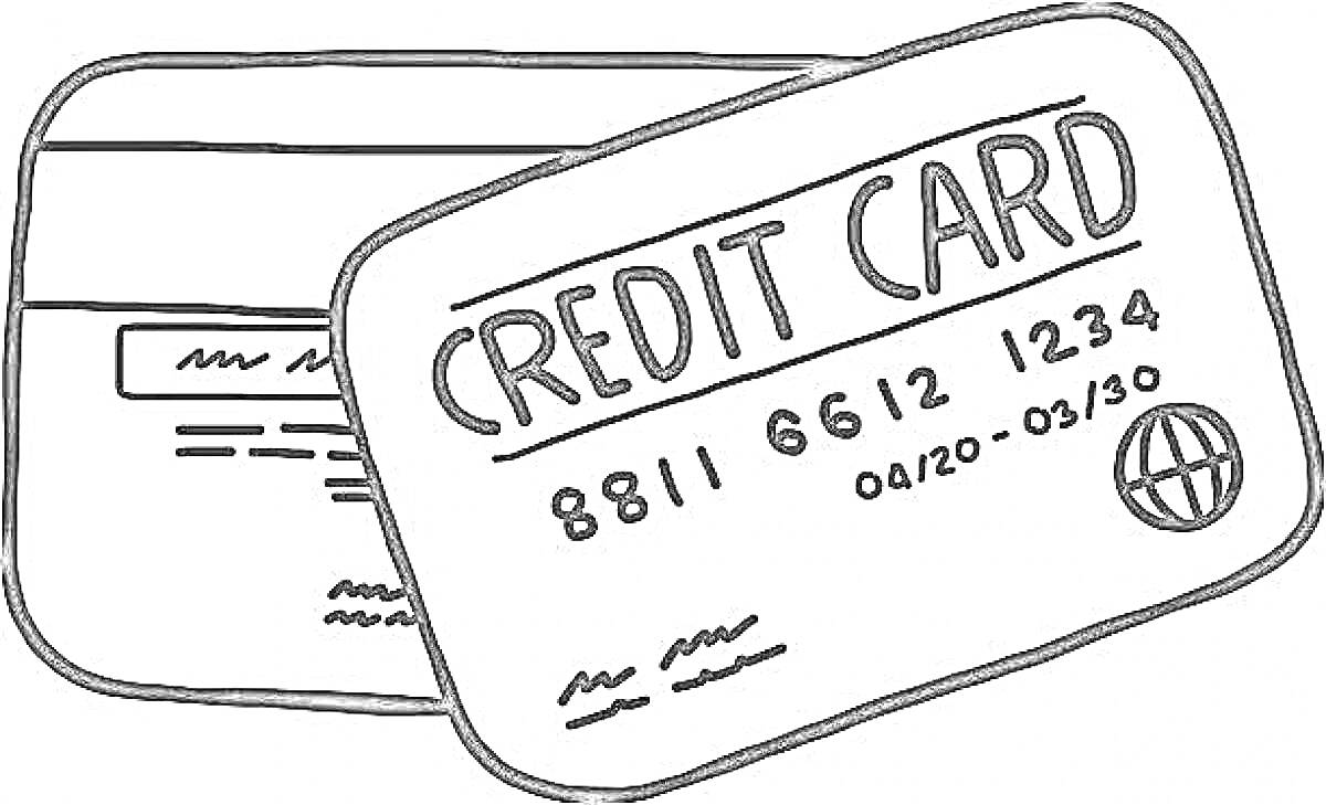 Чёрно-белая раскраска с изображением двух кредитных карт; на первой карте видны подпись и линии, обозначающие текст; на второй карте присутствует надпись 