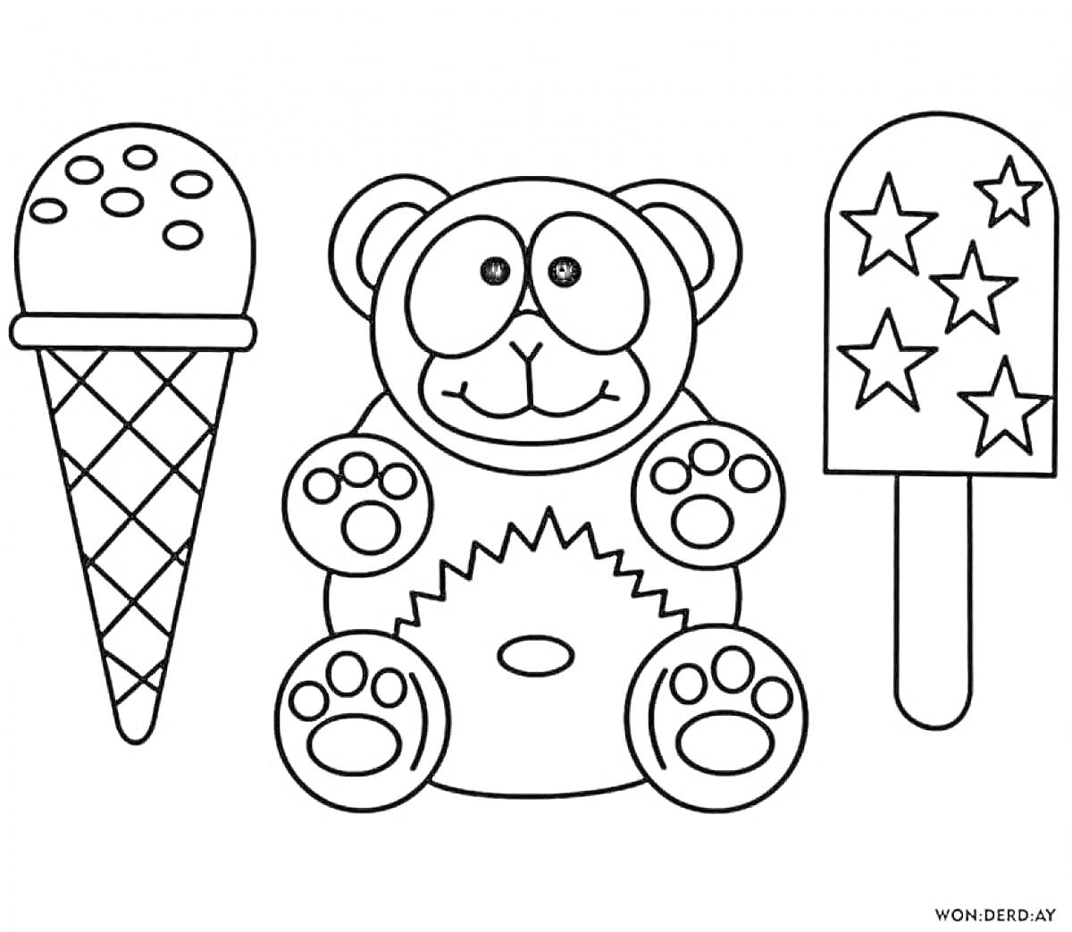 На раскраске изображено: Мороженое, Вафельный рожок, Плюшевый медведь, Эскимо, Звезды