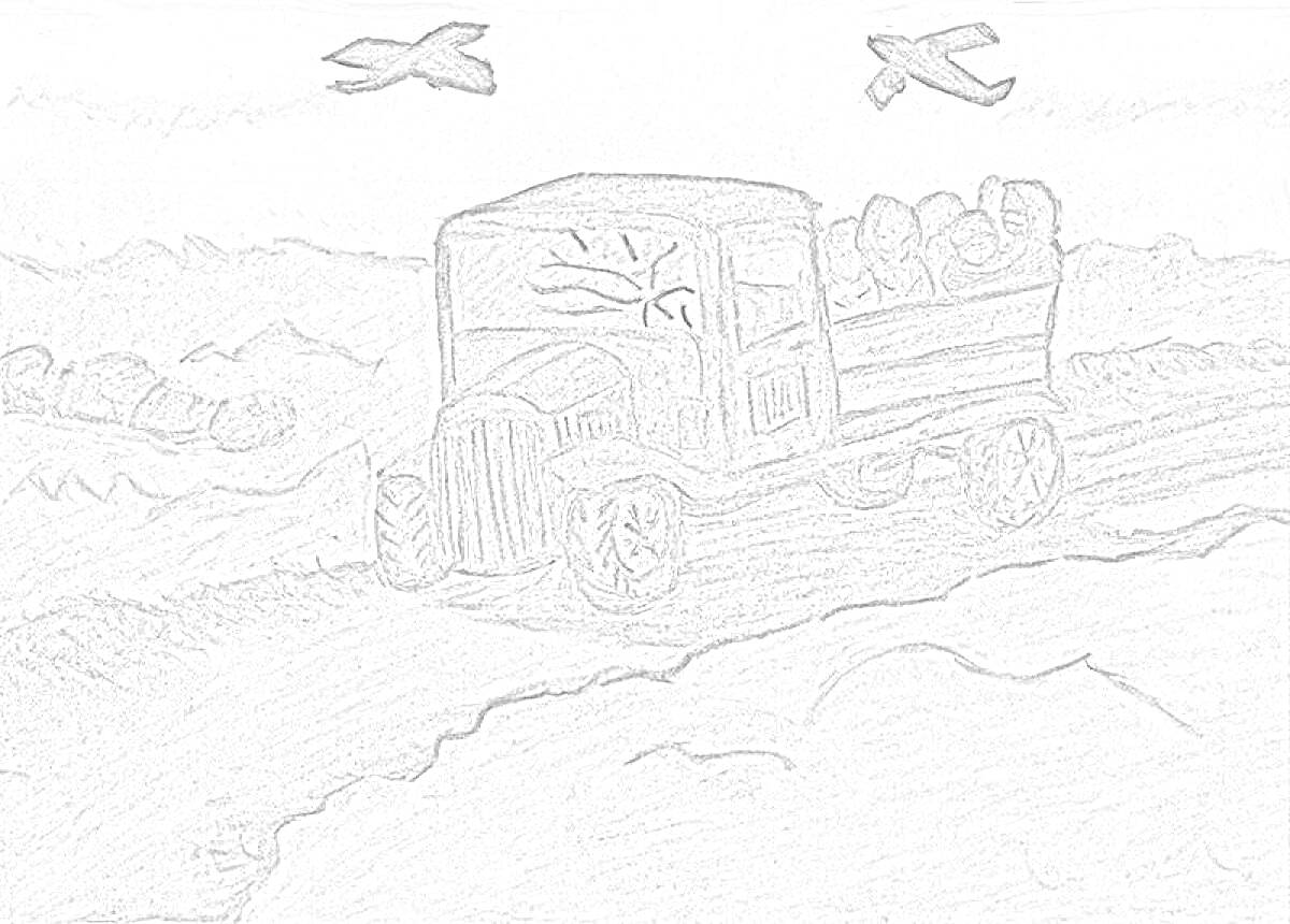 Раскраска Грузовик на грунтовой дороге в зимнем пейзаже с поленницей дров в кузове и пролетающими в небе птицами.