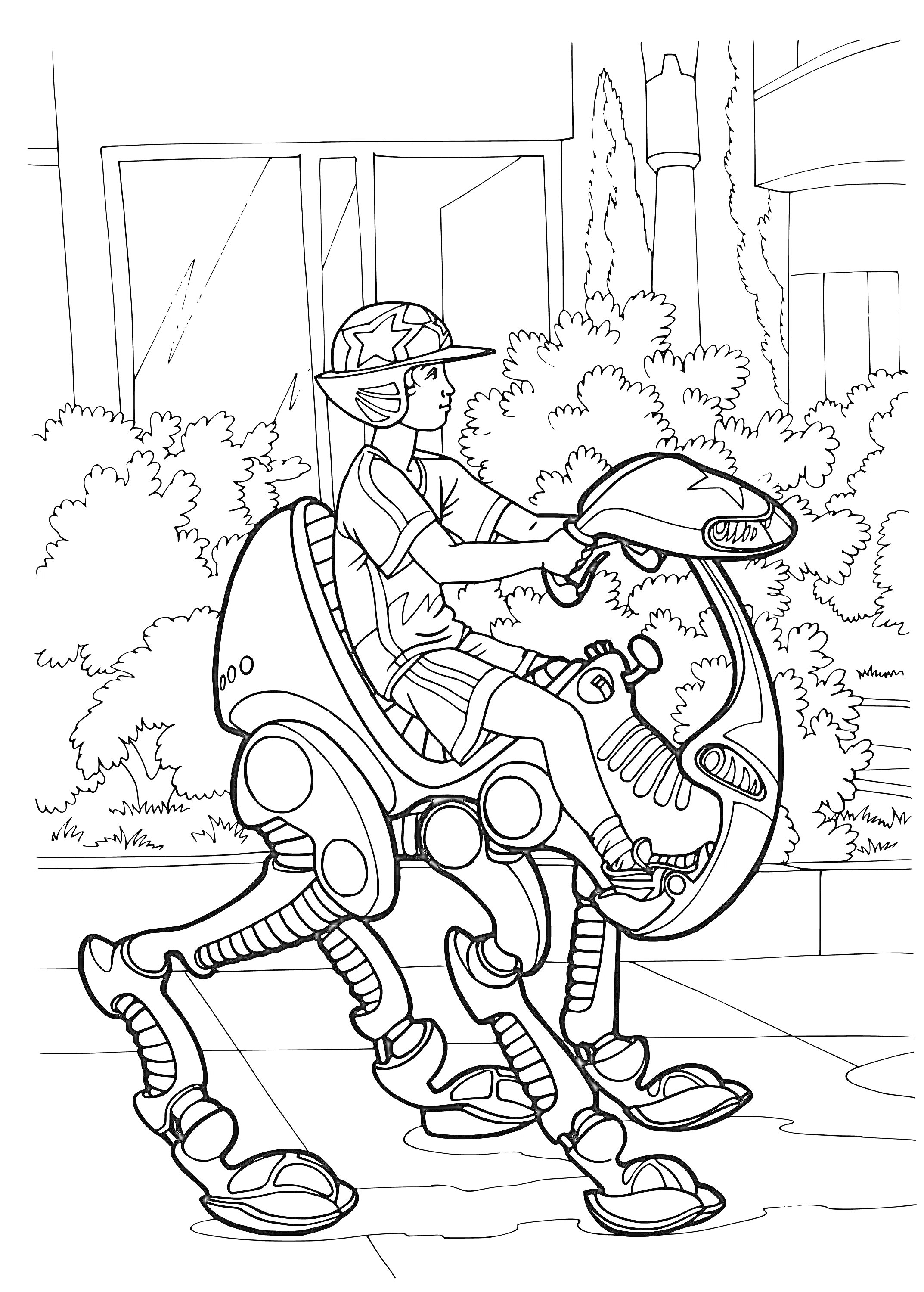 Раскраска Человек на четырехногом транспортном средстве будущего в городе