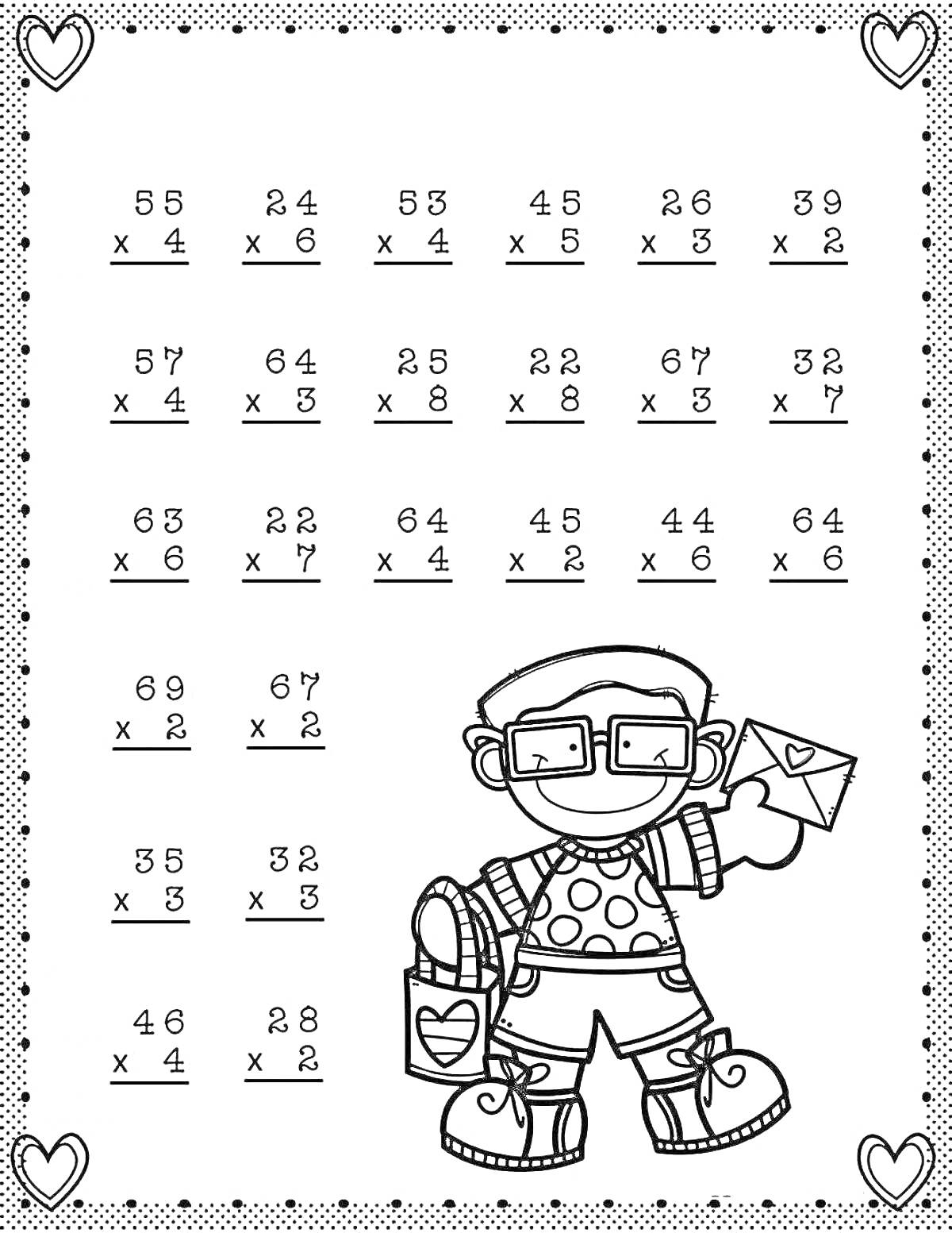 Раскраска Раскраска с таблицей умножения на 5, мальчик с письмом и сумкой, сердечки на рамке