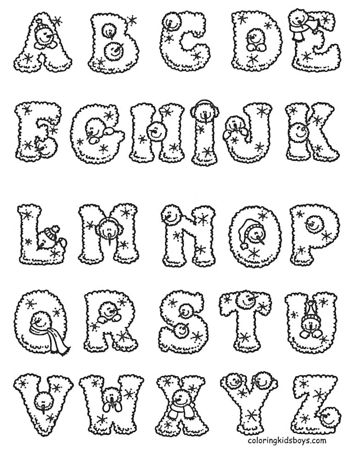Раскраска Алфавит с листочками и кружочками внутри букв (Английский)
