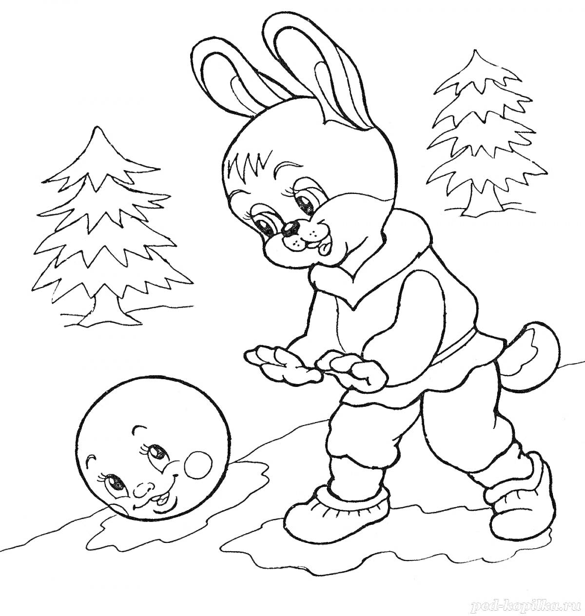 Раскраска Колобок и зайчик на зимней поляне с елками