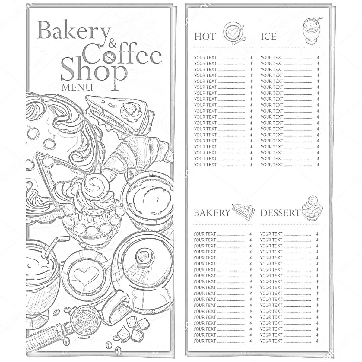 Bakery & Coffee Shop Menu с горячими и холодными напитками, выпечкой и десертами, рисунки чашек, пирожных и конфет