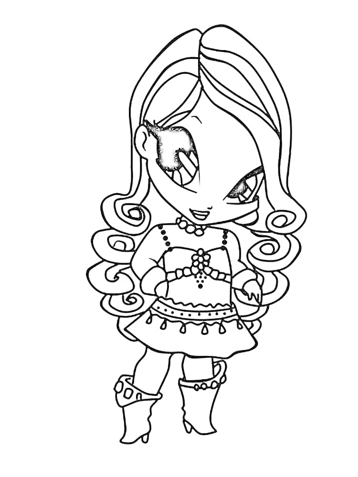 Раскраска Пикси с длинными волосами, в свитере и юбке с узорами и ботинках на каблуках