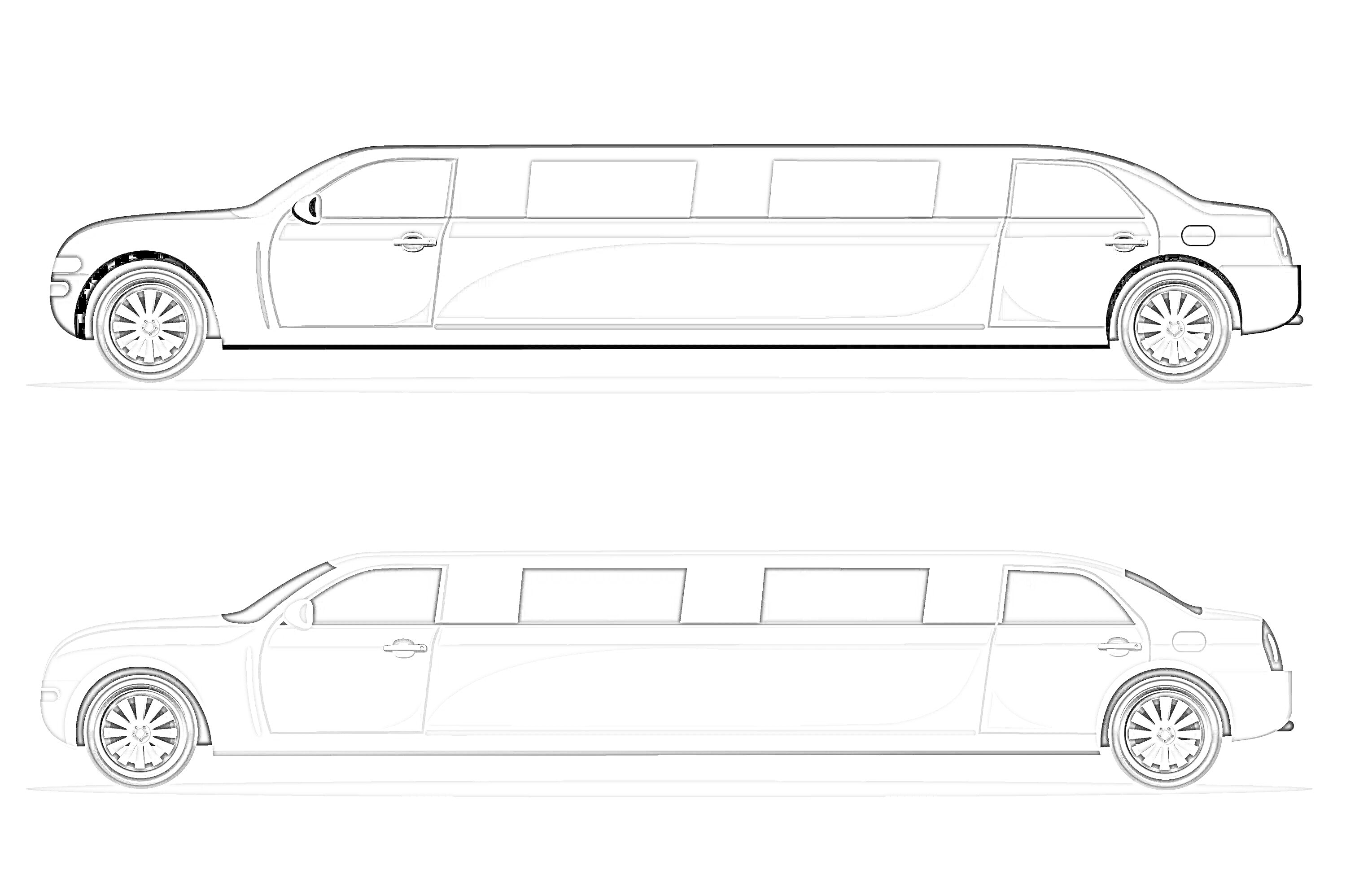 Раскраска Два лимузина — черный и белый с окнами
